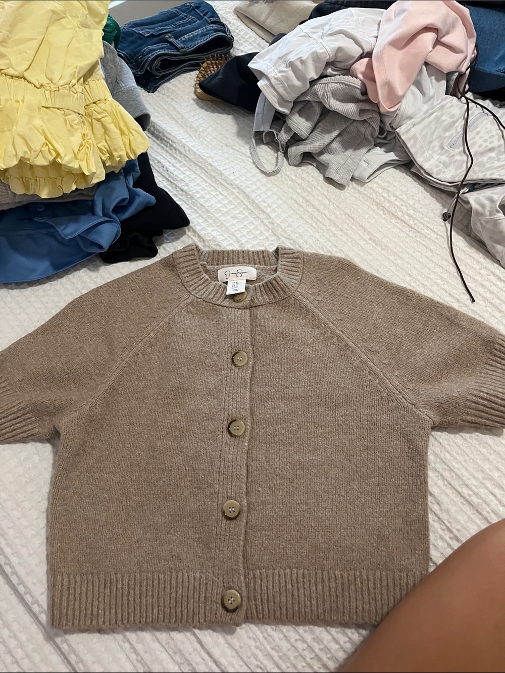 Jessica Simpson Short-Sleeve Button Cardigan in Taupe Beige
